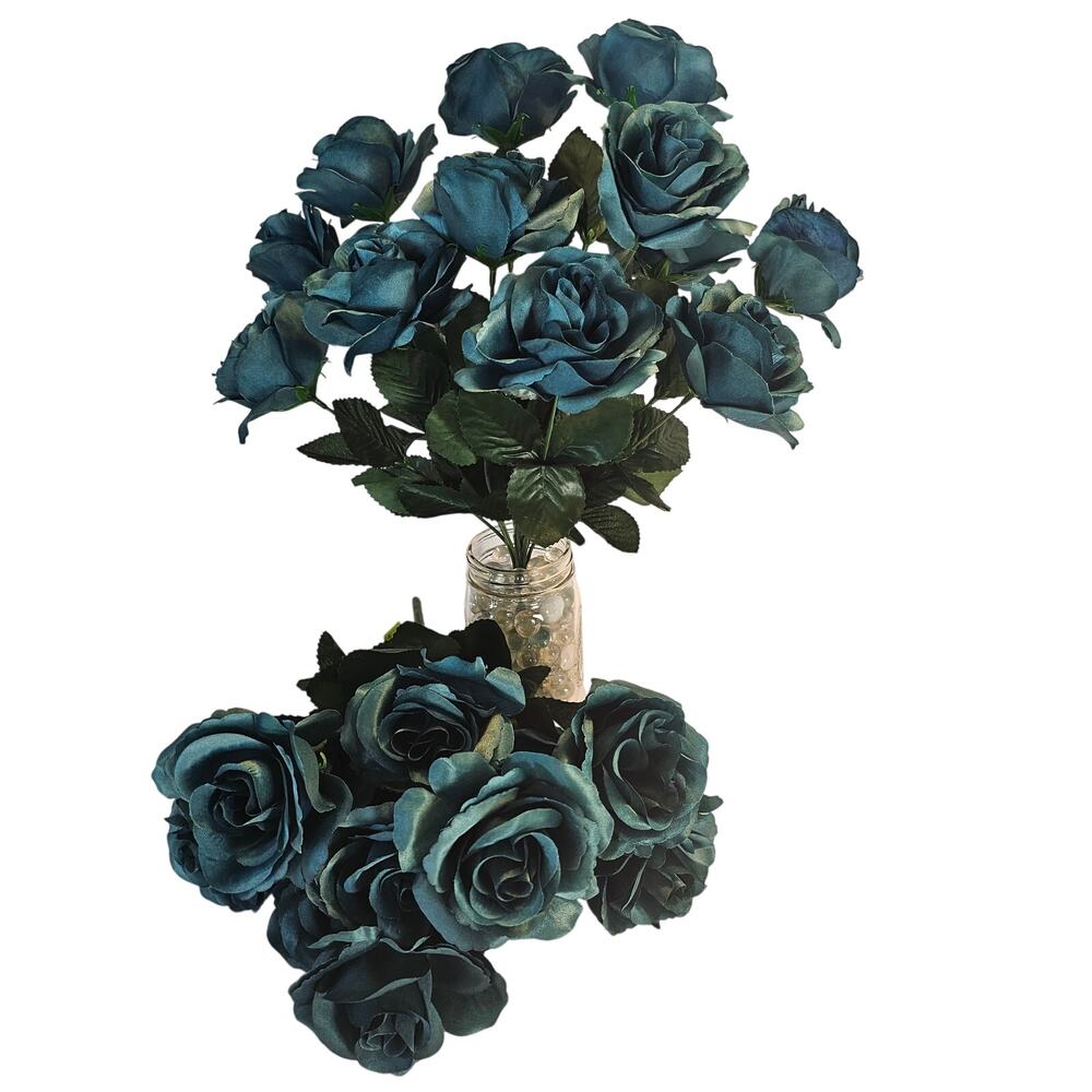 Silk Artificial Teal Rose Bush 12 Large 4in Roses Floral Wedding Craft Lot of 2